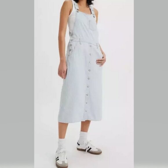 Levis Tico Jumper Dress Overalls in Smell Ya Later Railroad Stripe NEW - Picture 1 of 4